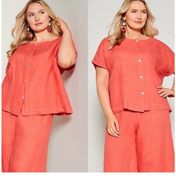 Bryn Walker lagenlook Bessie 100% Linen Orange Button down Oversized Top Size L - Picture 1 of 8